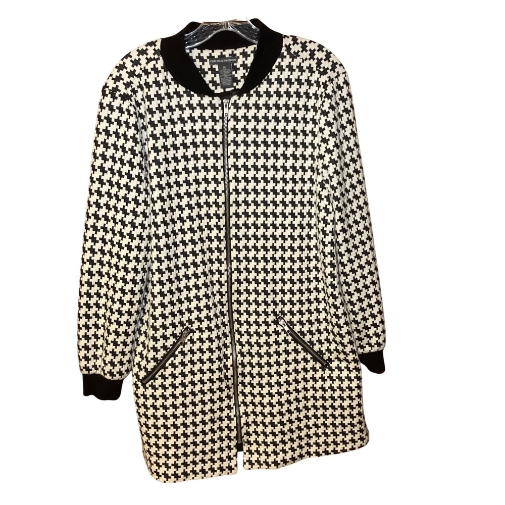 Chelsea & Theodore Bomber Jacket Womens XL Black White Houndstooth Zip Longline